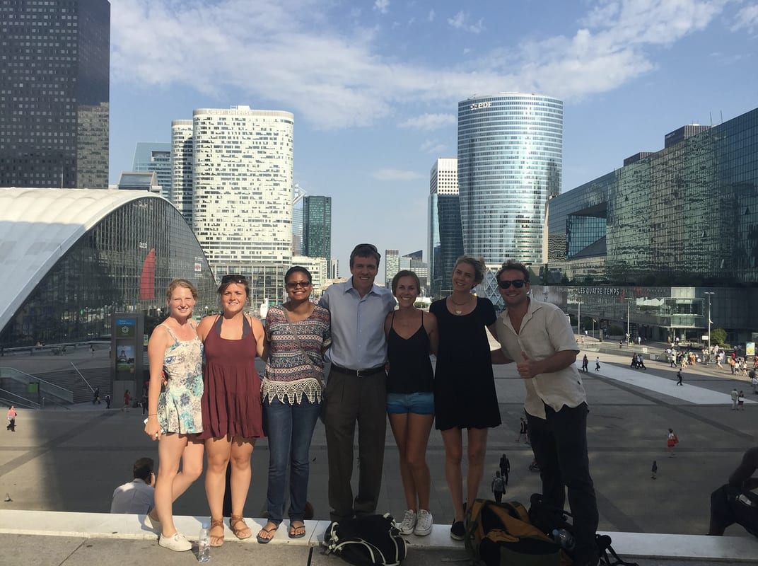Europe program students during a business-district visit
