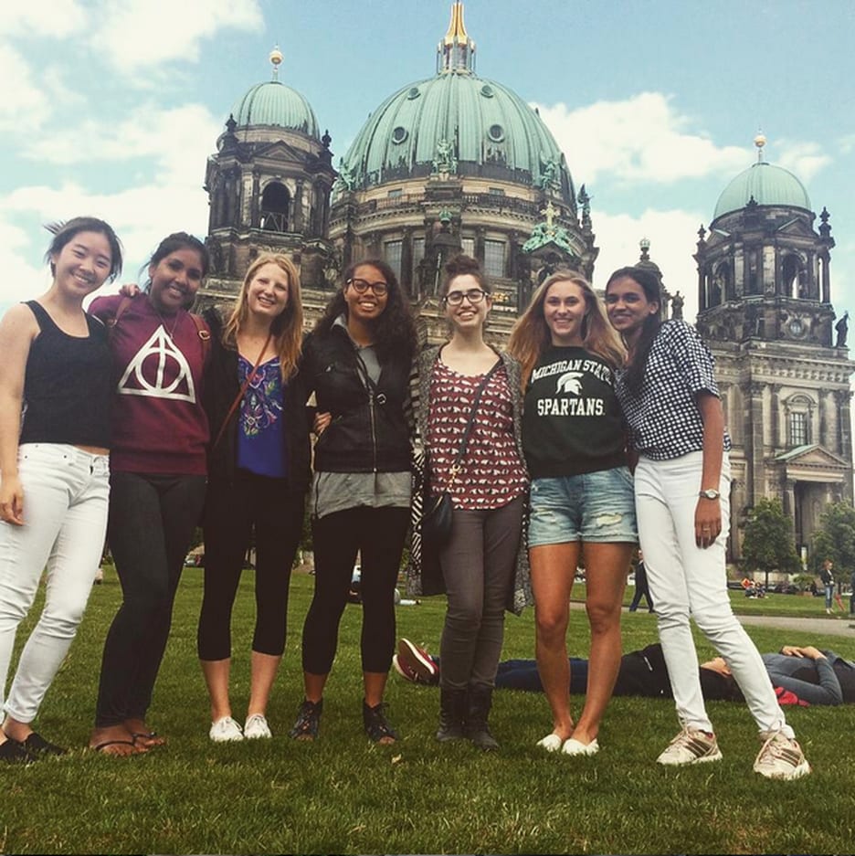 Europe program students gathered in a city square